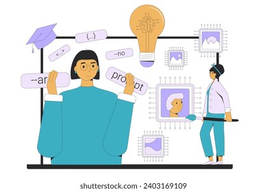 Prompt engineering online course. Learning crafting precise instructions or queries that guide AI models to generate visual, text, audio. Artificial intelligence create content. Vector illustration