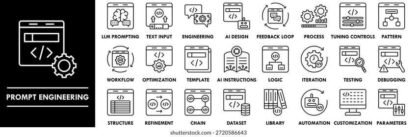 Conjunto de colecciones de iconos de esquema de ingeniería de Instrucción. Contiene asistente de diseño, IA, Instrucción, tecnología, inteligencia artificial
