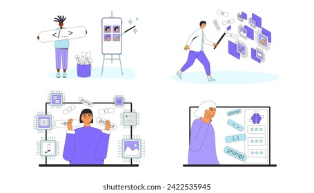 Prompt engineering set. Artificial intelligence create an images and multimedia. Crafting precise instructions that guide AI models to generate visual content. Characters working with AGI. Vector.