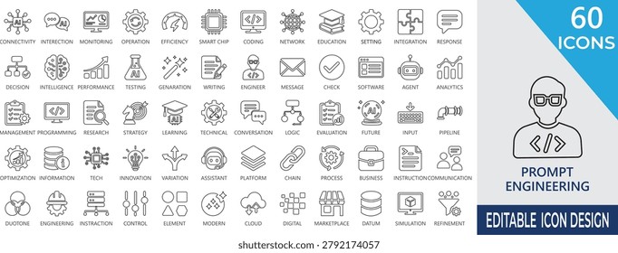 Prompt engineering stroke icon set featuring ai prompts, interaction, learning, optimization, workflow, query, automation, and LLM coding .