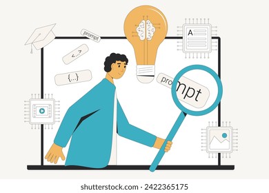 Prompt engineering study. Online course of artificial intelligence. Learn how to create precise instructions or queries that guide AI models to generate visual, textual, and audio content. Vector.