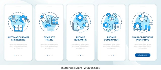Prompt engineering techniques blue onboarding mobile app screen. Walkthrough 5 steps editable graphic instructions with linear concepts. UI, UX, GUI template. Myriad Pro-Bold, Regular fonts used