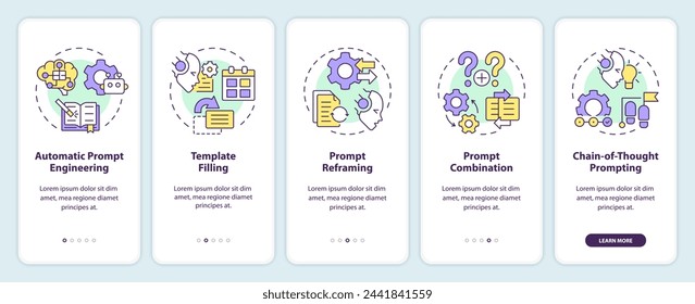Prompt engineering techniques onboarding mobile app screen. Walkthrough 5 steps editable graphic instructions with linear concepts. UI, UX, GUI template. Myriad Pro-Bold, Regular fonts used