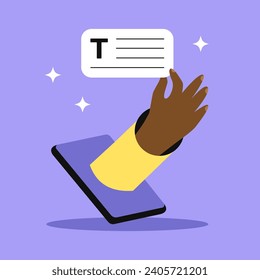 Prompt engineering. The user's hand holds the prompt. Development of artificial intelligence. A character using AI to create text. Flat vector illustration.