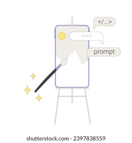 Prompt engineering in visual art. Artificial general intelligence helps to designer to create an image. Working with AI tools. Vector illustration