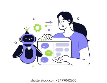 Prompt engineering. Woman working with generative AI marketing tools. Artificial intelligence in business concept. Vector illustration.