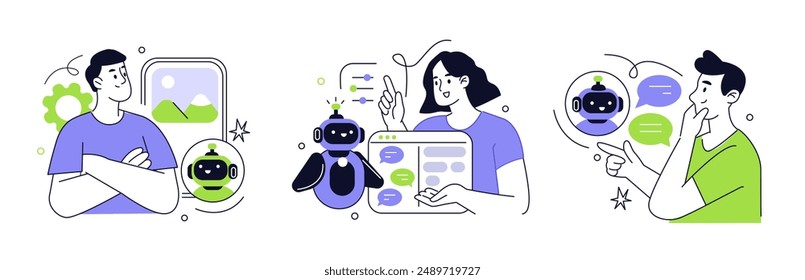 Prompt engineering work. Character generating content with generative AI marketing tools. Artificial intelligence in business concept. Vector illustration.