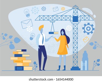 Prompt Flyer Reading Books to Find Ideas, Flat. Method Creativity Helps Broaden View Problem Finding Successful Idea. Man and Woman are Standing Construction Site, Tower Crane is Turning over Book.