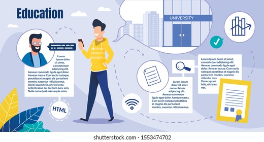 Prompt Flyer Student Guy Gets Online Education. Guy in Casual Clothes Walks down Street and Looks into Smartphone. Student Talks about University with Bearded Man Phone. Vector Illustration.