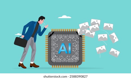 prompt to generate art with AI chip, AI with future of the work, command words to operate artificial intelligence, man gives command sentences to the AI ​​chip to produce images or help complete work