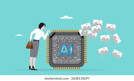 prompt to generate art with AI chip, AI with future of the work, command words to operate artificial intelligence, man gives command sentences to the AI ​​chip to produce images or help complete work