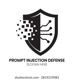 Prompt Injection Defense logo features a strong defensive shield with pixelated dispersion effects and internal data circuit lines. This sleek corporate security design is ideal for information technology security providers, threat intelligence platforms, network defense analysts, or enterprise data protection corporations seeking a trustworthy and cutting-edge visual mark.