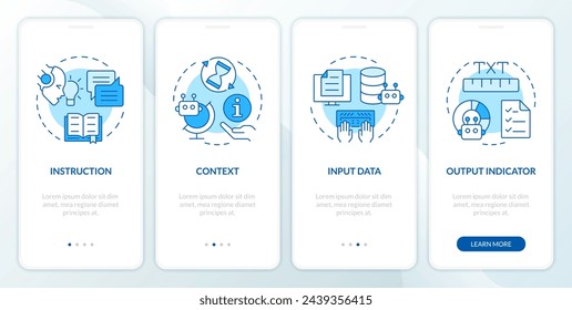Prompt key elements blue onboarding mobile app screen. Walkthrough 4 steps editable graphic instructions with linear concepts. UI, UX, GUI template. Myriad Pro-Bold, Regular fonts used