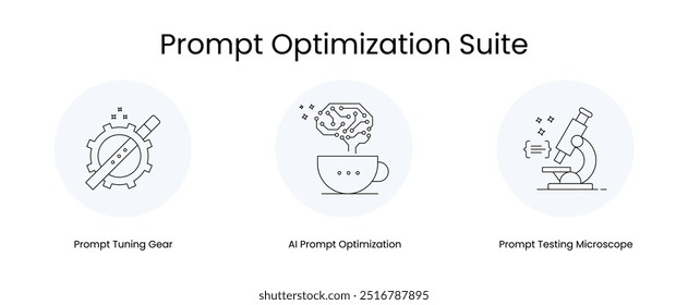 Prompt Optimization Suite - Icons Representing: AI Prompt Optimization, Tuning Gear, Testing Microscope. These icons are designed to visually represent prompt optimization suite.