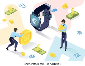 Prompt Poster Cryptographic Information Security. Bank Provides Client with Support During Installation System. Servicing Individuals at Bank. Men Carry Money. Vector Illustration.