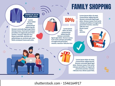 Prompt Poster Family Shopping, Shopping on Couch. Dad with Mom and Baby Sitting on Couch and Laughing. Man Looks at Laptop, Woman Looks at Smartphone. Girl Thinks about Gifts. Vector Illustration.