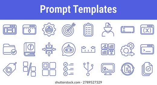 Prompt template line icons with target persona checklist context variable format guardrail response branching and evaluation symbols for AI workflow design