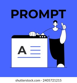 Prompt-engineer. The man relies on the prompt written in the Internet window. AI command to generate text or image. Flat vector illustration.