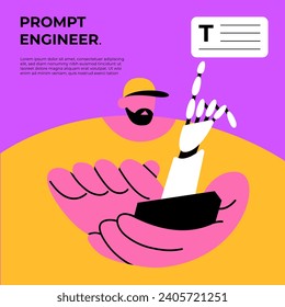 Prompt-engineering. AI Robot helps realize a person's idea. Development of artificial intelligence. AI command to generate text or image. Flat vector illustration.
