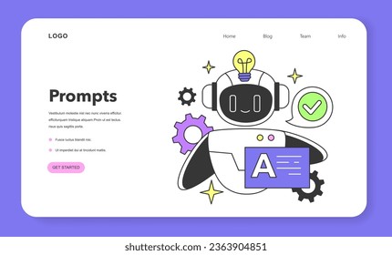 Prompt-engineering to a artificial neuron network web banner or landing page. Artificial intelligence development. AI command to create a text or an image. Flat vector illustration