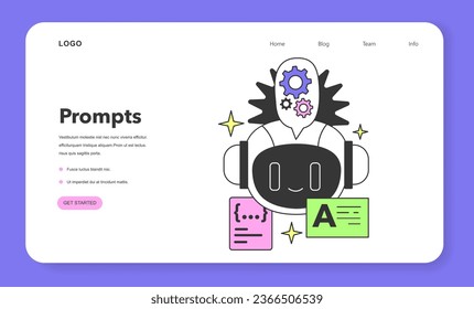 Prompt-engineering to a artificial neuron network web banner or landing page. Artificial intelligence development. AI command to create a text or an image. Flat vector illustration