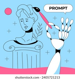 Prompt-Engineering. Robot zeichnet eine Illustration. Hilfe durch Technologien der künstlichen Intelligenz. AI-Befehl zum Generieren von Text oder Bild. Flache Vektorgrafik.