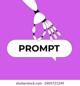 Prompt-engineering. Robot's arm holds a prompt written by a human. Help from artificial intelligence technologies. AI command to generate text or image. Flat vector illustration