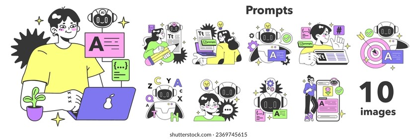 Prompt-engineers writing a command to a artificial neuron network set. Artificial intelligence development. Character using AI to create a text or an image. Flat vector illustration