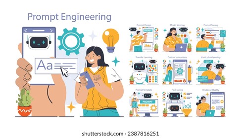 Prompt-engineers writing a command to a artificial neuron network set. Artificial intelligence development. Character using AI to create a text or an image. Flat vector illustration