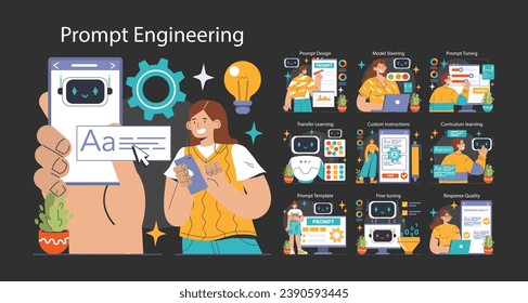 Prompt-engineers writing a command to a artificial neuron network dark or night mode set. Artificial intelligence development. Character using AI to create a text or an image. Flat vector illustration