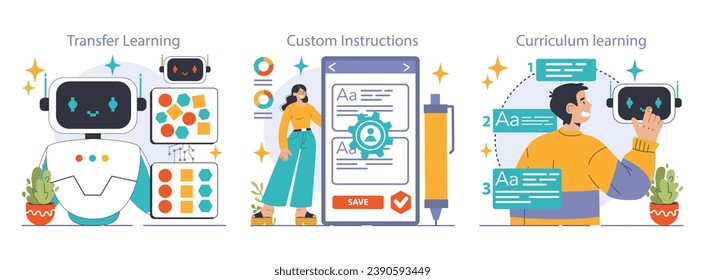 Prompt-engineers writing a command to a artificial neuron network set. Artificial intelligence development. Character using AI to create a text or an image. Flat vector illustration