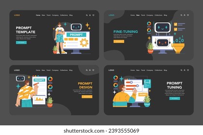 Prompt-engineers writing a command to a artificial neuron network web or landing set. Artificial intelligence development. Character using AI to create a text or an image. Flat vector illustration