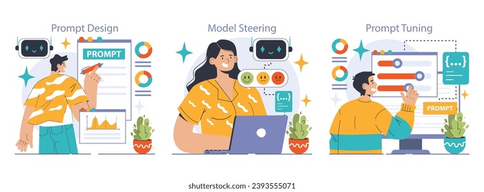 Prompt-engineers writing a command to a artificial neuron network set. Artificial intelligence development. Character using AI to create a text or an image. Flat vector illustration