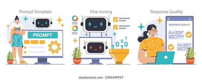 Prompt-Ingenieure, die einen Befehl auf ein künstliches Neuronennetzwerk schreiben. Entwicklung künstlicher Intelligenz. Zeichen, die AI verwenden, um einen Text oder ein Bild zu erstellen. Flache Vektorgrafik