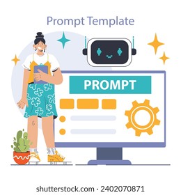 Prompt-engineers writing a command to a artificial neuron network. Artificial intelligence development. Character using AI to create a text or an image. Flat vector illustration