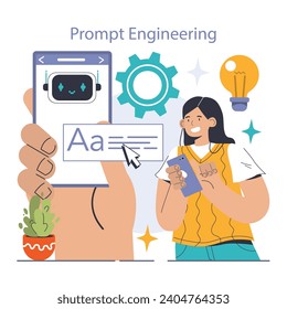 Prompt-engineers writing a command to a artificial neuron network. Artificial intelligence development. Character using AI to create a text or an image. Flat vector illustration