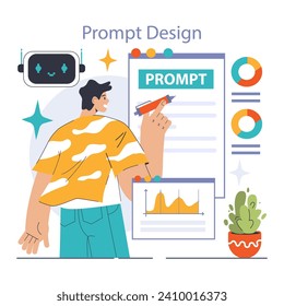 Prompt-engineers writing a command to a artificial neuron network. Artificial intelligence development. Character using AI to create a text or an image. Flat vector illustration