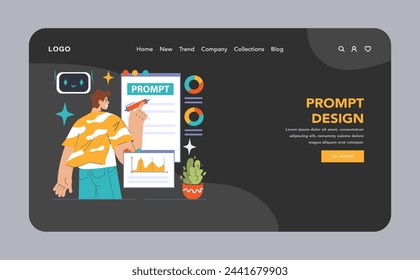 Prompt-engineers writing a command to a artificial neuron network web or landing. Artificial intelligence development. Character using AI to create a text or an image. Flat vector illustration