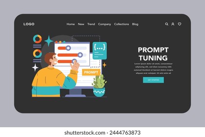 Prompt-engineers writing a command to a artificial neuron network web or landing. Artificial intelligence development. Character using AI to create a text or an image. Flat vector illustration