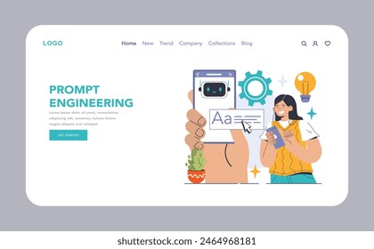 Prompt-engineers writing a command to a artificial neuron network web or landing. Artificial intelligence development. Character using AI to create a text or an image. Flat vector illustration