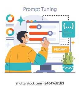 Prompt-engineers writing a command to a artificial neuron network. Artificial intelligence development. Character using AI to create a text or an image. Flat vector illustration