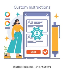 Prompt-engineers writing a command to a artificial neuron network. Artificial intelligence development. Character using AI to create a text or an image. Flat vector illustration