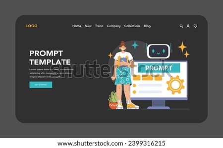 Prompt-engineers writing a command to a artificial neuron network web or landing. Artificial intelligence development. Character using AI to create a text or an image. Flat vector illustration