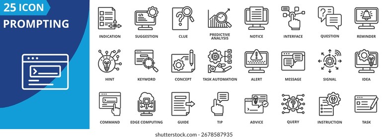 Solicitando coleção de conjuntos de ícones no estilo de estrutura de tópicos. O pacote de ícones contém sugestões, avisos, sinais, indicações, análises de previsão, perguntas, ideias
