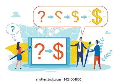 Prompting Poster Definition Profitable Formula. Flat Banner Electronic Device, Question Mark and Dollar Symbol. Woman Solves Problem by Counting Result on Tablet. Vector Illustration.