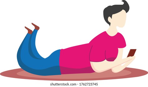 Prone man is playing his phone with a pink t-shirt