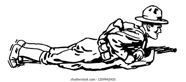 Prone of Soldier which is a position of the body lying face down, vintage line drawing or engraving illustration.