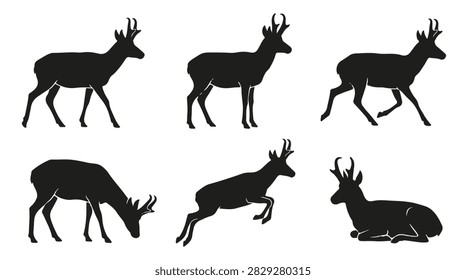 Pronghorn antelope silhouette vector set featuring various animal poses and behaviors.