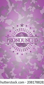 Pronounced pink and purple camo emblem. Vector Illustration. Detailed. 
