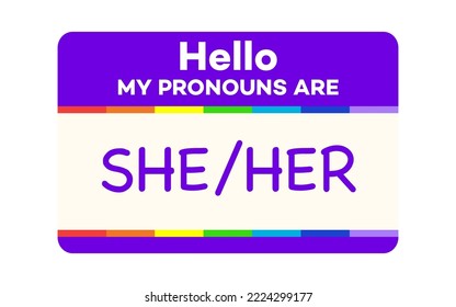 Pronouns badge she her with rainbow cartoon style